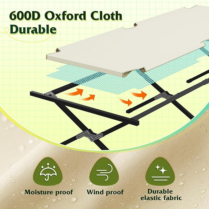 WLIVE Military Camping Cot, Portable Folding Cots for Sleeping with Carry Bag, Outdoor Camping Bed for Adults with Side Pocket, Support 300 Lbs, Silver Greige