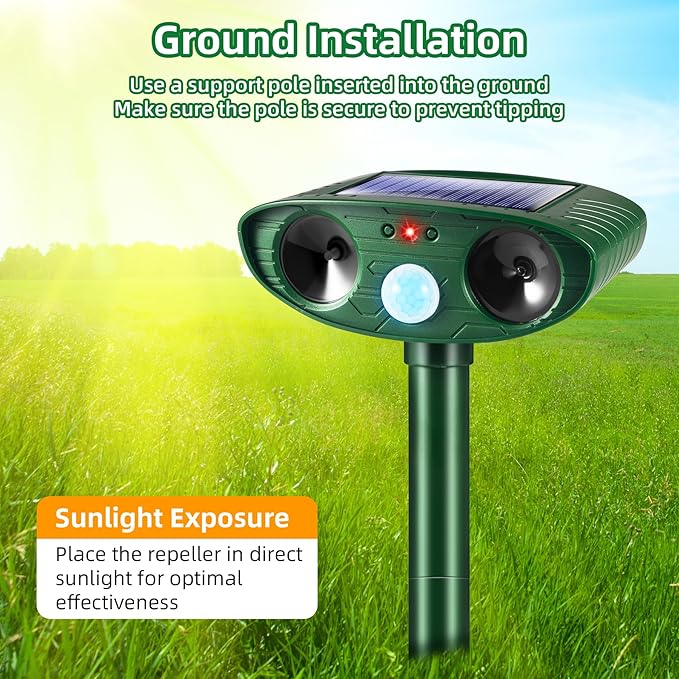 2 Pack 2025 Ultrasonic Solar Animal Repellent Outdoor,Squirrel Fortress Pro Deer Repellent Devices Motion Detection, Waterproof Cat Mouse Raccoon Dog Rabbit Deterrent for Garden Yard