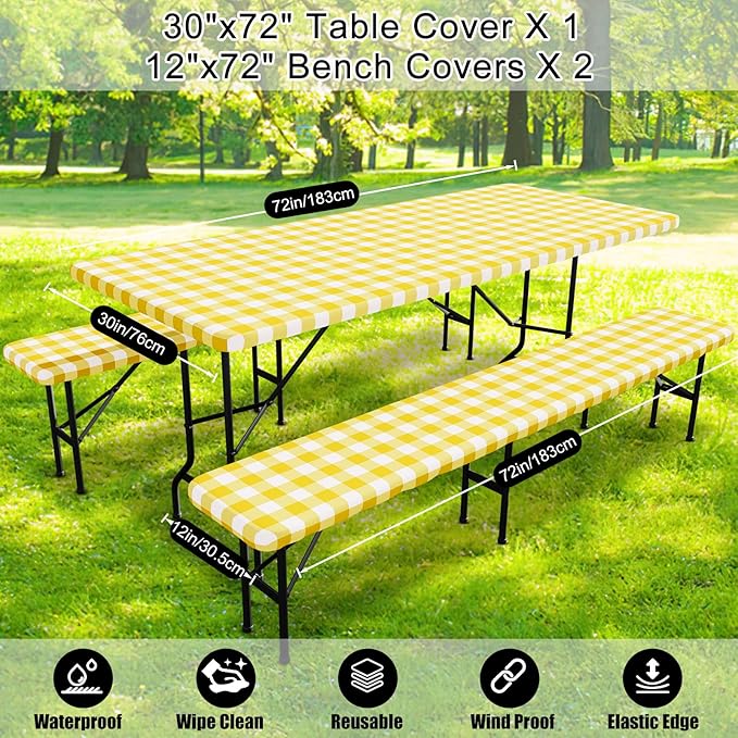 Smiry Picnic Table Cover with Bench Covers, Waterproof Elastic Fitted Tablecloths for 6 Foot Rectangle Tables, Washable Buffalo Plaid Tablecloth for Camping, Outdoor (Yellow & White, 30"x72")