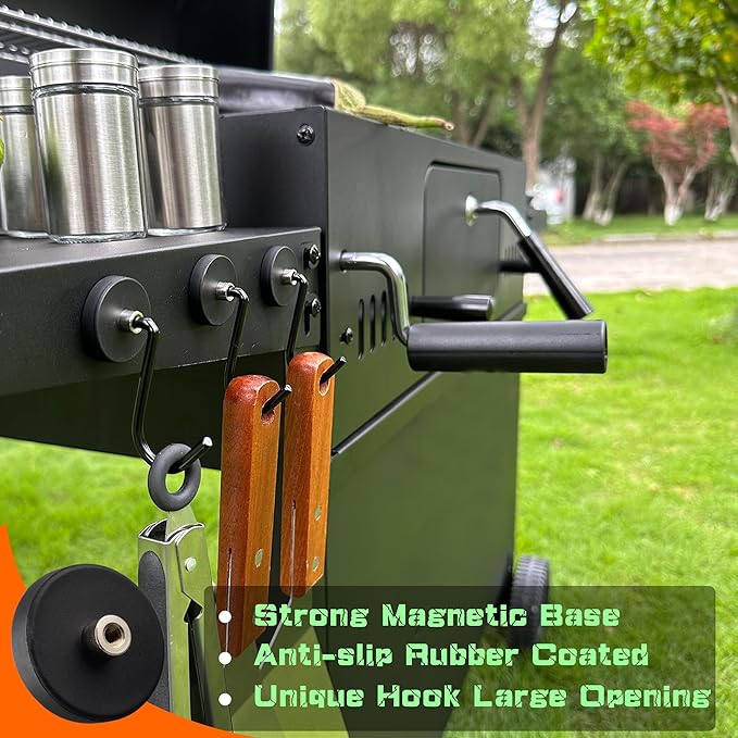 3 Pack Smoker Grill Magnetic Hook,Non-Slip Magnetic Mount Barbecue Hooks for Hanging,Universal Magnetic Hooks for Grills Smoker Accessories Storage with Spatula,Fork,Brush & BBQ Tongs