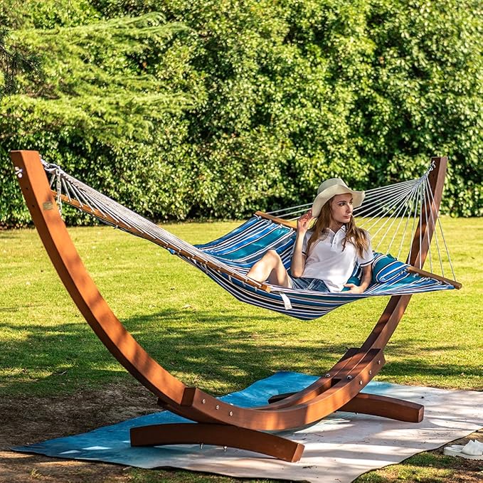 Lazy Daze Hammocks 12 FT Quilted Fabric Double Hammock with Spreader Bars and Detachable Pillow, 450 LBS Weight Capacity, Peacock Green Stripe