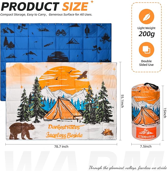 Puffy Camping Blanket with Detachable Hooded Snap-Poncho Waterproof Double-Sided Printed Reversible for Travel, Hike Cold Weather, Bear