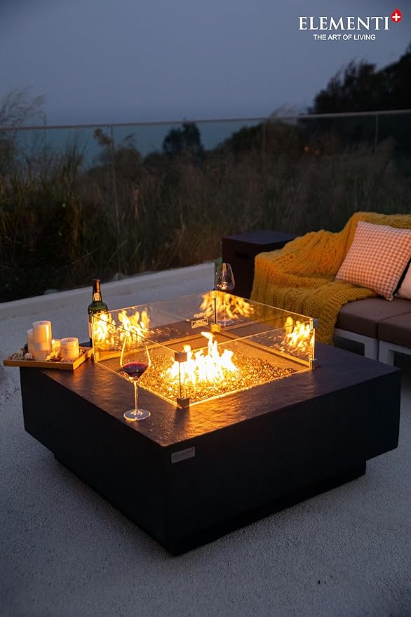 Elementi+ | Bundle Bergen Gas Fire Pit Cast Concrete 40" Square Fire Table, Outdoor Fire Pit Electronic Ignition | Canvas Cover, Fire Glass and Burner Lid Included | Dark Gray | Propane Gas
