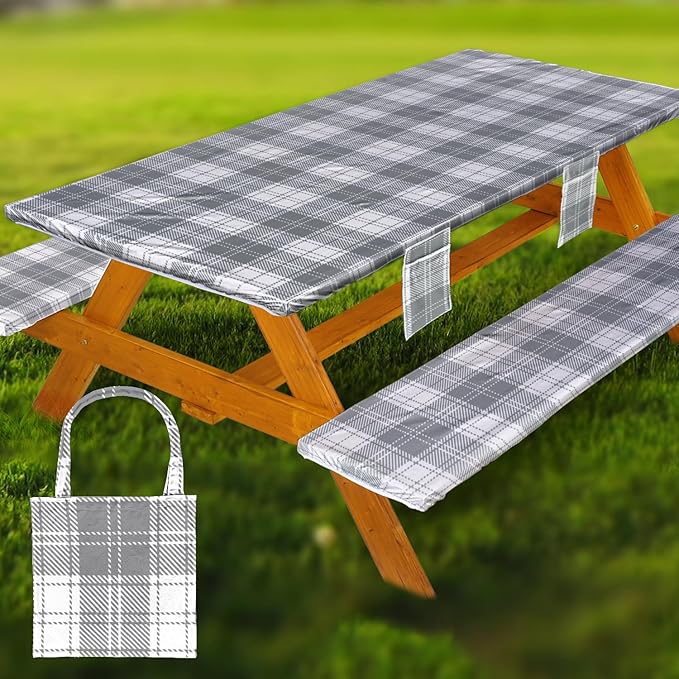 Fitted Picnic Table Cover with Bench Covers Waterproof Elastic Edges Rectangle Patio Tablecloth Outdoor Camping Essentials Stuff Rv Accessories Summer Trip Travel Camper Gifts for Woman Men, 72in 6 ft