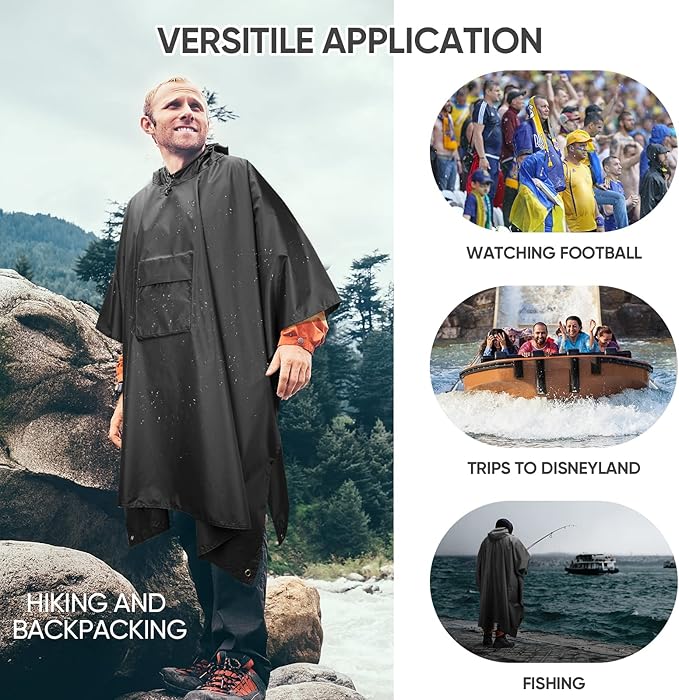 PTEROMY Hooded Rain Poncho for Adult with Pocket, Waterproof Lightweight Unisex Raincoat for Hiking Camping Emergency