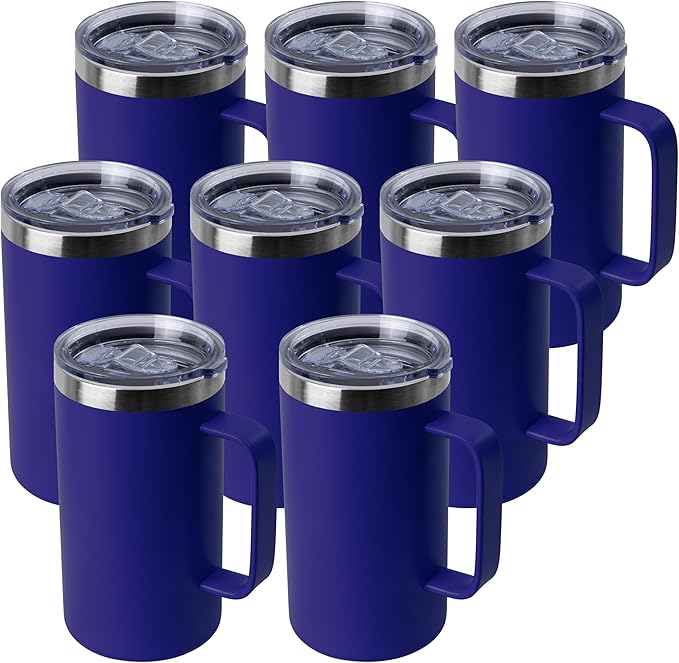 DOMICARE 24oz Mug with Handle and Lid, Stainless Steel Coffee Mug, Travel Mug with Handle, Double Wall Vacuum Coffee Tumbler, Reusable Insulated Cup, Dark Blue, Pack 8