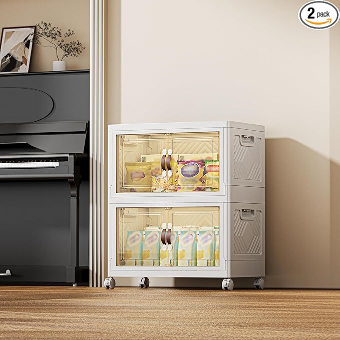 168 QT / 42 Gal Magnetic Door Storage Bins Collapsible Stackable w/1 Lid, Heavy Duty Plastic Cabinet with Wheels for Home Office Organization (White)