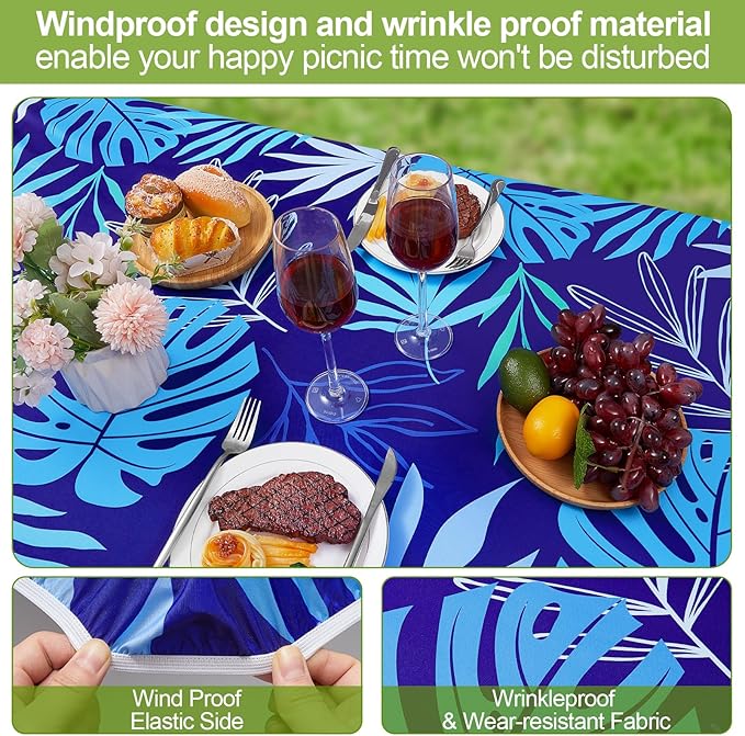 Picnic Table Cover with Bench Covers Camping Essentials Waterproof Windproof Camping Tablecloth with Drawstring Bag, Fitted Rectangle Tables and Seats, 60in, Dark Blue