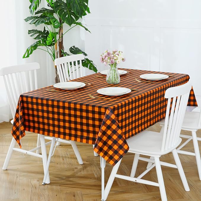 Romanstile Fall Halloween Rectangle Vinyl PVC Tablecloth, 100% Waterproof Buffalo Plaid Plastic Table Cloth, Heavy Duty Wipeable Table Covers for Camping/Picnic/Outdoor - 54 x 120, Black and Orange