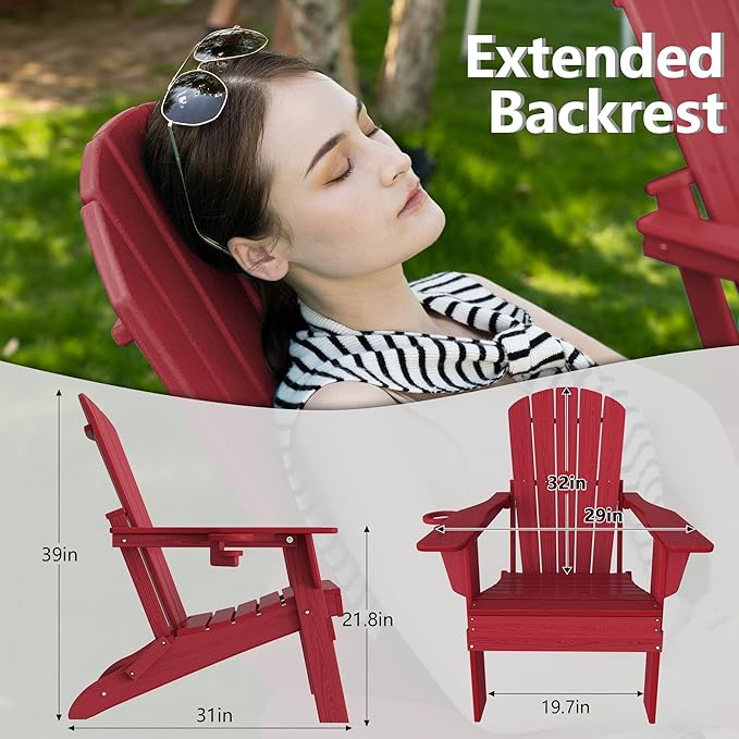 Folding Adirondack Chair Set of 2,Cup Holder,Wooden Textured,Heavy All-Weather HDPE Outdoor Chairs, Poolside Backyard Lawn,Red