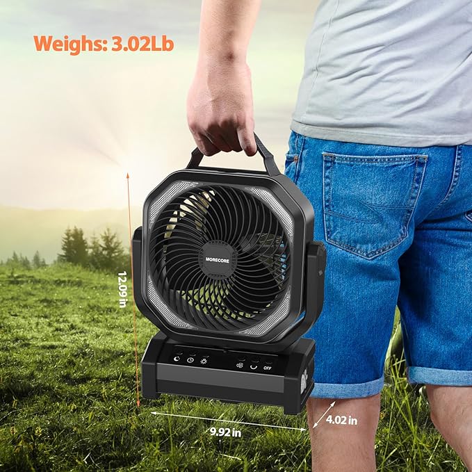 MORECORE 20000mAh Rechargeable Camping Fan with Light, 112HRS Running, 8-Speed, Auto Oscillating, Timer, LED Digital Display, 270°Pivot with Hook for Tent RV Emergency Garage-Black
