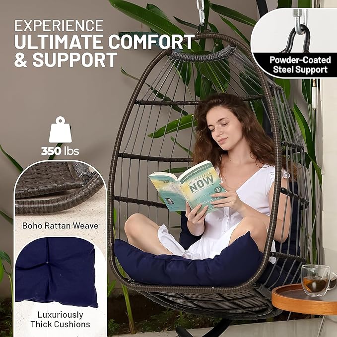 SereneLife Foldable Egg Chair with Stand – Hanging Rattan Wicker Swing for Indoor Outdoor Use – 350 lbs Capacity, Breathable Cushion & Headrest – Patio, Balcony, Porch, Bedroom Lounge Furniture