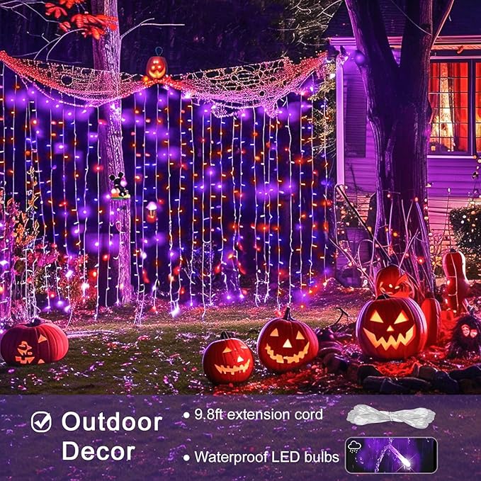 JMEXSUSS 300LED Orange and Purple Halloween Curtain Lights with Remote, 9.8x9.8ft Window Twinkle Hanging String Lights Plug in, Halloween Lights for Bedroom Wall Party Backdrop Indoor Outdoor Decor