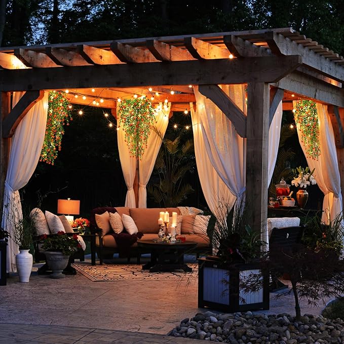 RECUTMS Artificial Plant, 3 Pack Hanging Plants with 30 LED Lights, 11.5in Eucalyptus, Orange Red, Indoor Outdoor Decoration