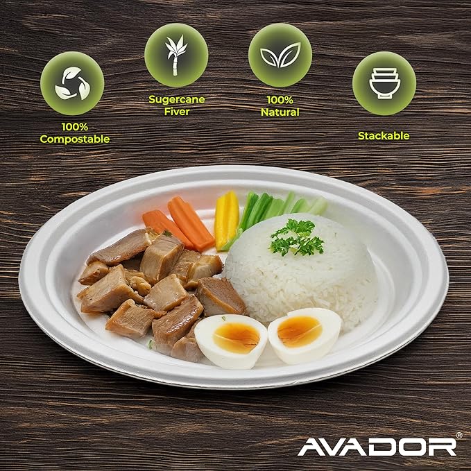 AVADOR® Compostable Tableware 100% Eco-Friendly & Biodegradable Dinnerware Eco-Conscious, Disposable, and 100% Biodegradable (10 inch Round Plates Pack of 150)