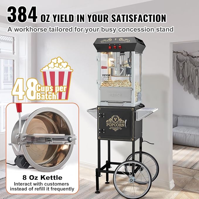 VEVOR Popcorn Maker with Cart, 850W Popcorn Popper Machine, 8 Oz Kettle Makes 48 Cups per Batch, Popcorn Maker Equipped with Tempered Glass, Includes 4 Scoops, Movie Theater Style, Black