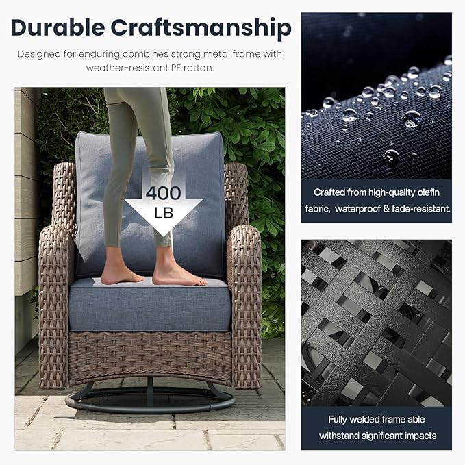 10 Pieces Outdoor Patio Furniture Sets with Rocking Swivel Chairs with 6-inch Thick Cushion and Fire Pit Table for Deck Lawn