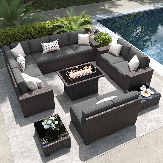 LayinSun 13 Pieces Outdoor Patio Furniture Set with 44" Fire Pit Table Brown Rattan Sectional Sofa Conversation Sets