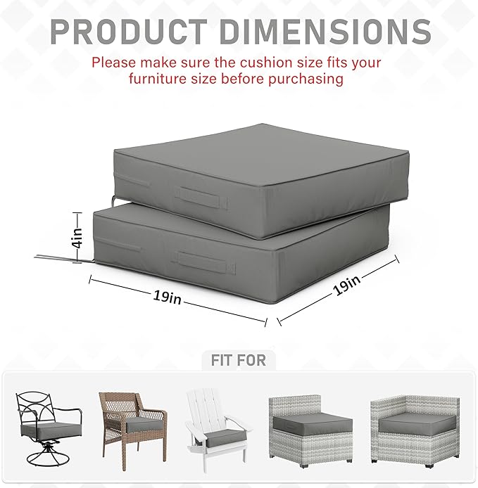 Patio Chair Cushions 19 X 19 X 4 Inch Waterproof Outdoor Seat Cushions for Patio Furniture, Outdoor Sofa Couch Pads with Ties & Handle, Set of 2, Light Grey
