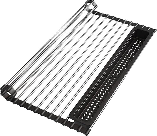 Roll Up Dish Drying Rack, Expandable (12.8"-23.8" D x 12.8" W) Stainless Steel Portable Over The Sink Dish Drainer for Kitchen Sink Counter, Foldable Sink Cover with Removable Utensil Holder