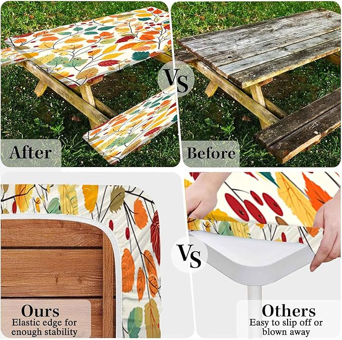 CAPSCEOLL Elastic Picnic Table Cover with Bench Covers 5Ft Waterproof Fitted Picnic Table Cover Cloths for Outdoors Camping Tablecloth with Drawstring Bag, 60X30in, Fall Leaves