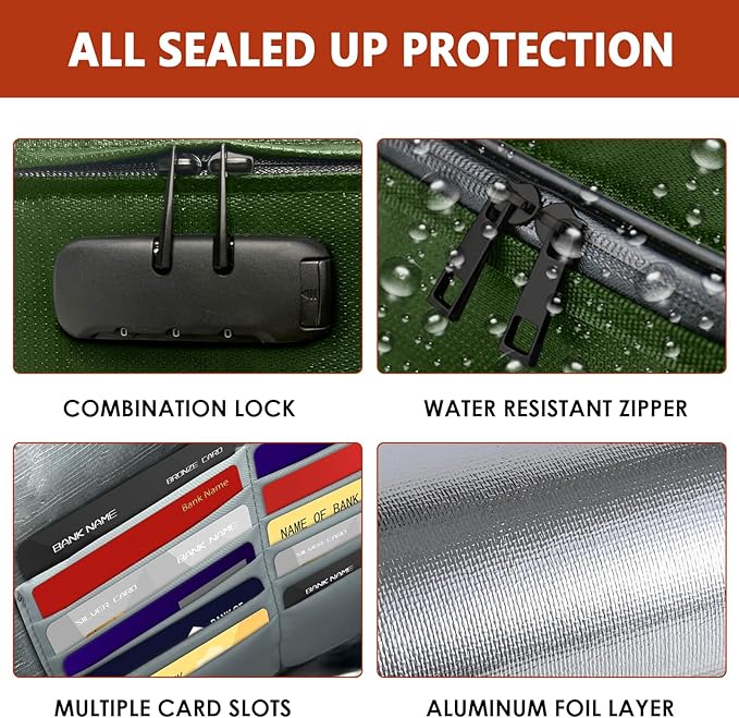 ROLOWAY Fireproof Document Bag (14.5 x 11.5 inch), 6400℉ Fireproof Money Bag with Zipper for Cash, Fire Safe Money Pouch with Lock (Green)