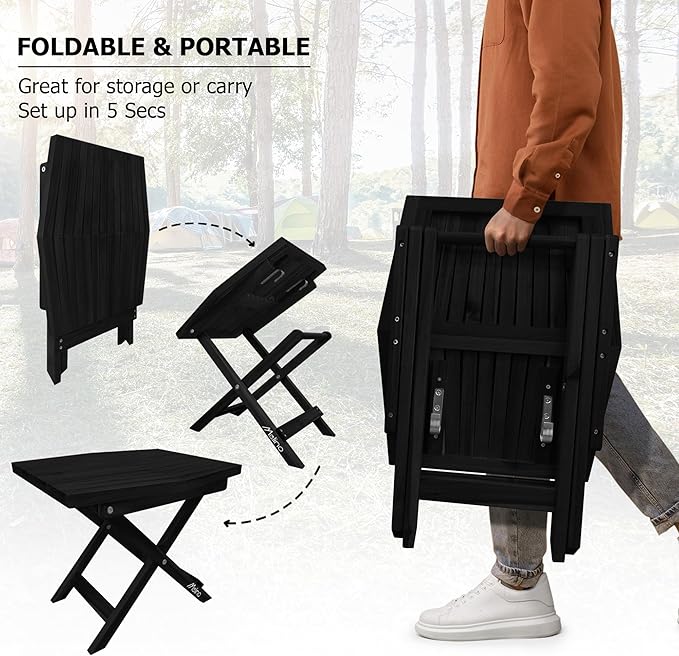 Melino Wooden Folding Table - Black Acacia Wooden Small Foldable End Coffee Tables - FSC Certified Solid Wood Patio Side Table - Weather Resistant & Fully Assembled - Indoor and Outdoor Furniture