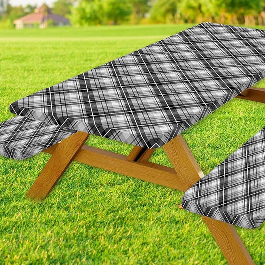 DYNH 3 Pcs Picnic Table Cover with Bench Covers, Waterproof Reusable Elastic Fitted Rectangle Picnic Table Cloths,30x60IN Black Plaid Picnic Tablecloth for Camping Patio Travel Outdoor