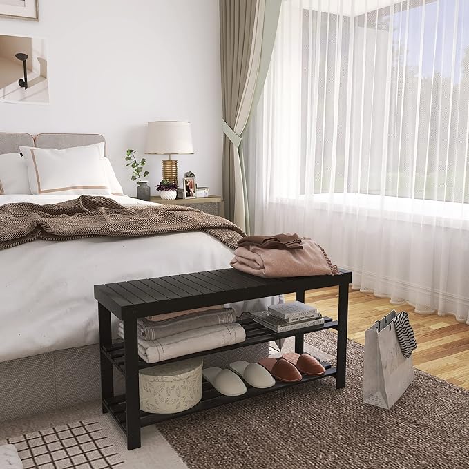 SMIBUY Bamboo Shoe Rack Bench, 3-Tier Shoe Organizer Storage Shelf for Entryway Hallway Bathroom Living Room (Black)