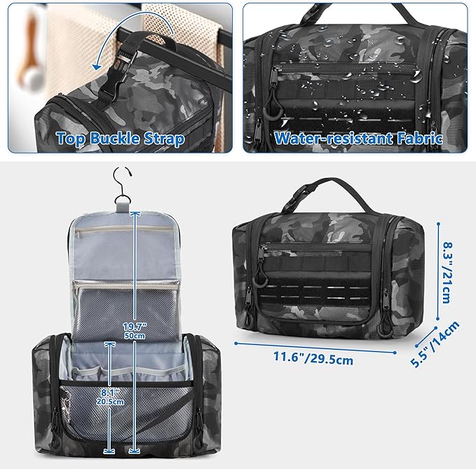 Hanging Toiletry Bag for Men, Tactical Dopp Kit Toiletry Travel Bag, Large Hygiene Organizer Shower Bag for Camping Outdoor, Black Camo