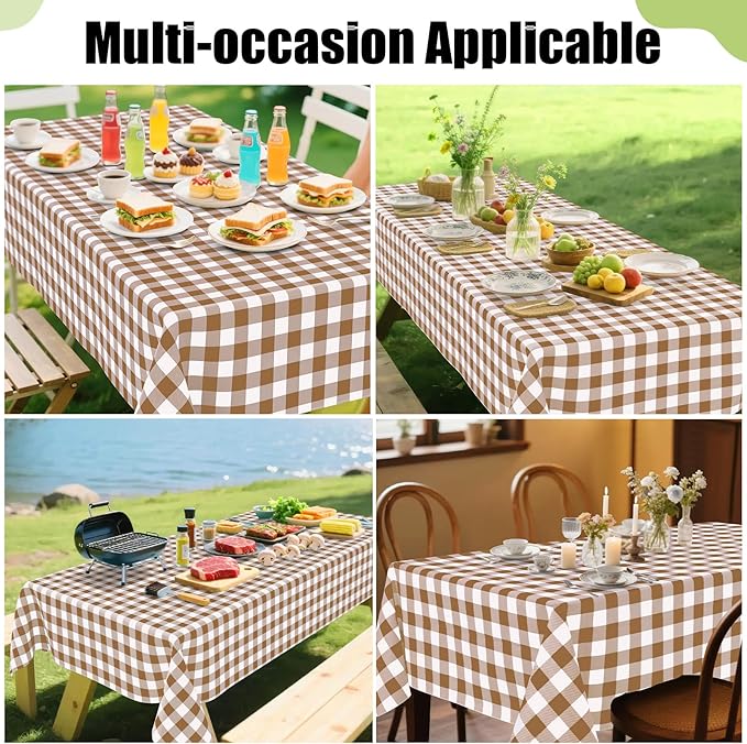 Smiry Rectangle Table Cloth, Waterproof Vinyl Tablecloth with Flannel Backing, Wipeable Buffalo Plaid Table Cover for Dining, Indoor and Outdoor (Brown & White, 60"x102")