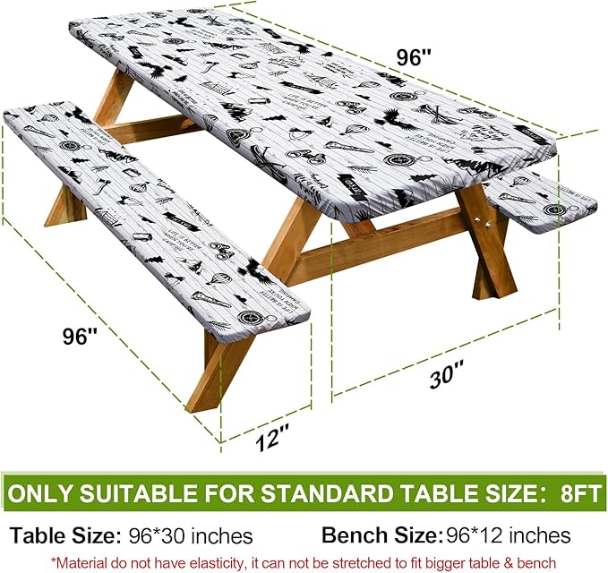 Picnic Table Cover with Bench Covers Camping Essentials Waterproof Windproof Camping Tablecloth with Drawstring Bag, Fitted Rectangle Tables and Seats, 96in, White