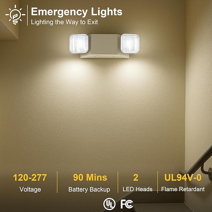 GRUENLICH LED Commercial Emergency Light with Dual Head and Backup Battery, US Standard, AC 120-277V, Hardwired Emergency Light Fixtures for Business Office Power Outages, 2-Pack