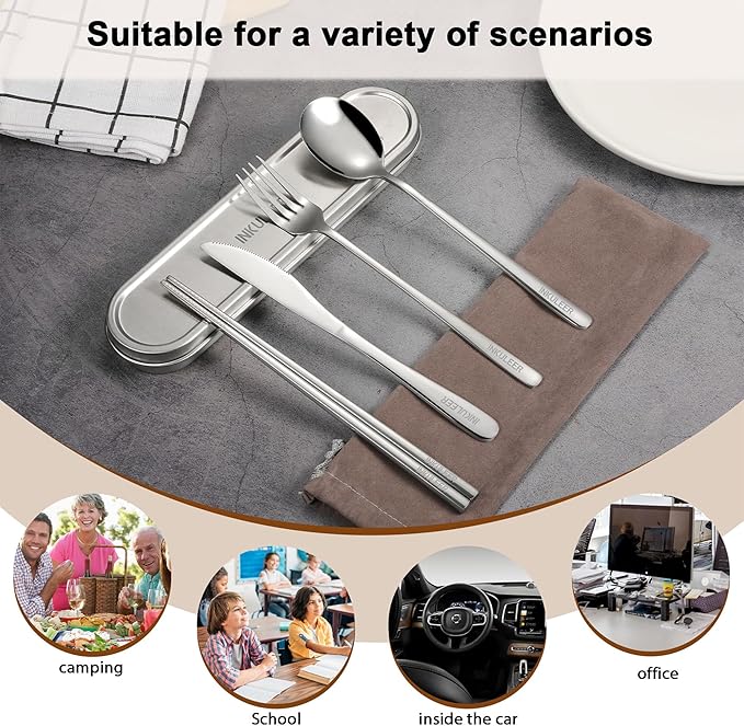 Travel Cutlery Set - 18/8 Stainless Steel Reusable Utensils with Metal Case, Portable Silverware for Camping, Office, Travel & Outdoor Dining