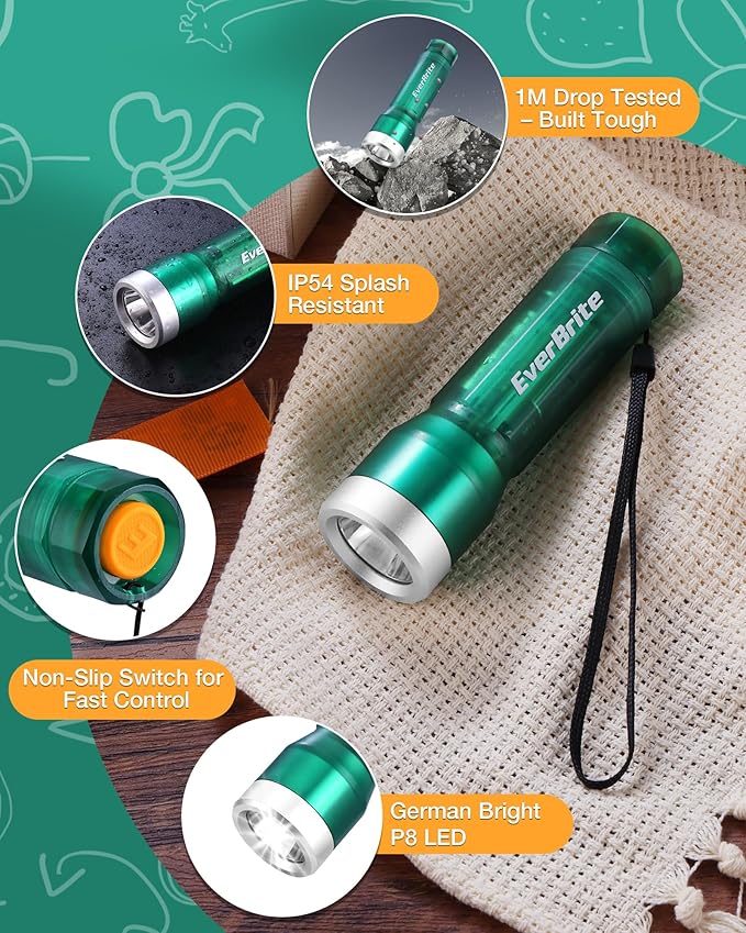 EverBrite Mini Flashlight, LED Flash Light with 3 Modes, 3 AAA Batteries Included, Water-Resistant Small Flashlight for Emergencies and Camping, Green, 1 Pack
