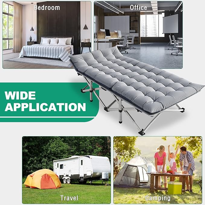 LILYPELLE Folding Camping Cot, Extra Wide Heavy Duty Sleeping Cots with Carry Bag, Double Layer Oxford Portable Travel Camp Cots for Home, Office Nap and Outdoor Beach