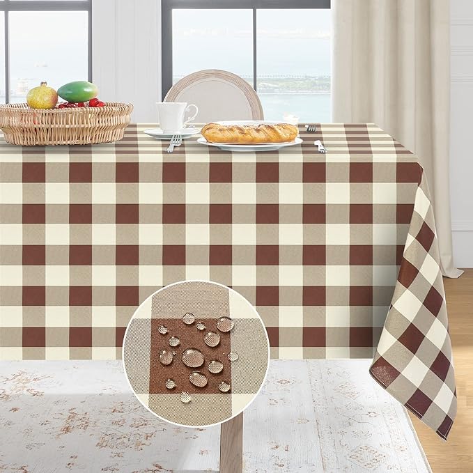 Softalker Gingham Checkered Square Tablecloth - Waterproof Buffalo Plaid Table Cloth Stain Resistant Washable Table Cover for Picnic/Camping/Outdoor - Coffee and White, 54 x 54 Inch