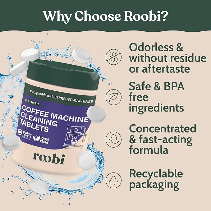 Roobi Espresso Machine Cleaning Tablets. Coffee Machine Cleaner Tabs. 100 Count Carbon Neutral Espresso Clean Pack.