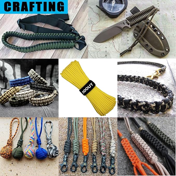 Paracord Nylon Rope Yellow 50ft with 7-Strand Core, 10 Colors and 50/100/200 ft, Type III Parachute Cord 4mm for Camping, Survival, Hiking, DIY, Crafting, Outdoor Utility Rope