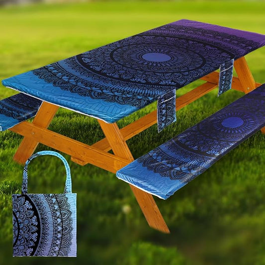 Picnic Table Cover with Bench Covers Vinyl Elastic Edges Fitted Rectangle Seat Tables Waterproof 3-Piece96X30in Set Outdoor Rectangular Folding Backing Tablecloth for Camping Over SizeTie-Dye108