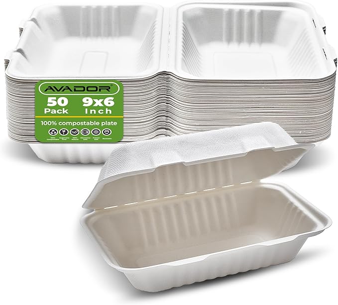 AVADOR® Compostable Tableware 100% Eco-Friendly & Biodegradable Dinnerware Eco-Conscious, Disposable, and 100% Biodegradable (9 Inch x 6 Inch Clamshell Pack of 50)