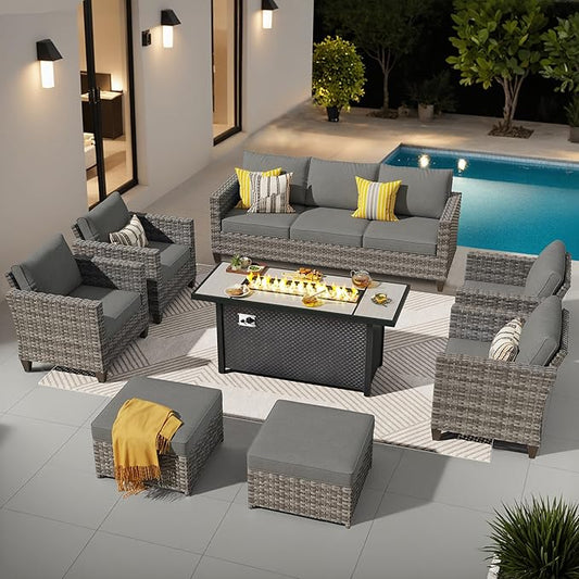 ovios 8 Pieces Patio Furniture Set with 54" Fire Pit Table, Outdoor Wicker Sofa with Comfy Cushions, All Weather High Back Rattan Couch Conversation Set, Dark Grey