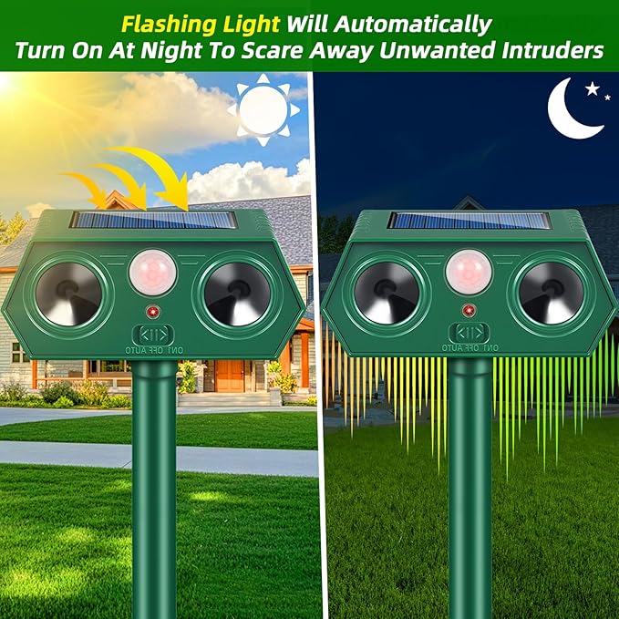 4 Pack Solar Ultrasonic Animal Repellent Outdoor,Cat Deterrent Deer Repellent Devices with Motion Detection,Waterproof Repeller for Raccoon Squirrel Rabbit Dog Skunk,Yard Garden Protection