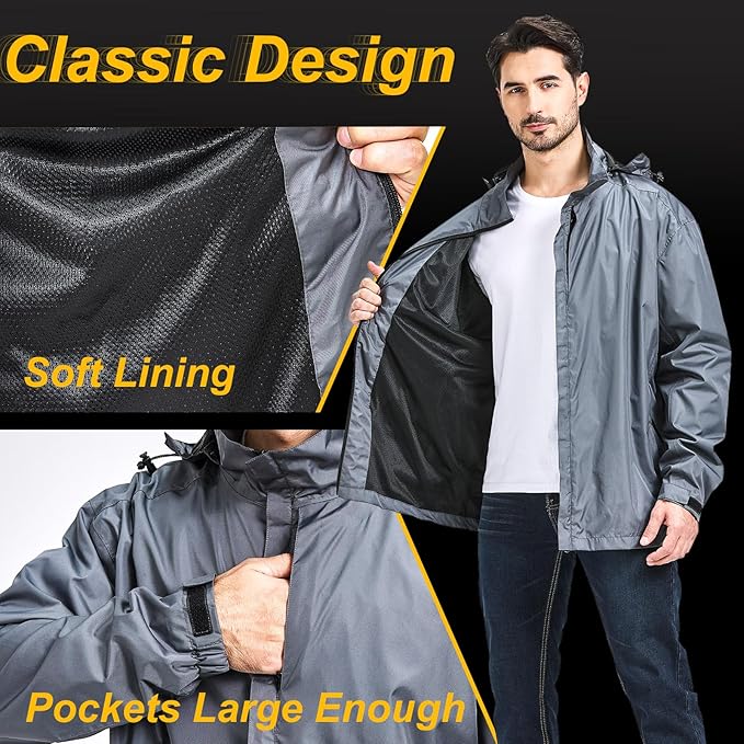 Men's Packable Rain Jacket Waterproof Outdoor Classic Lightweight Raincoat Hooded Windbreaker