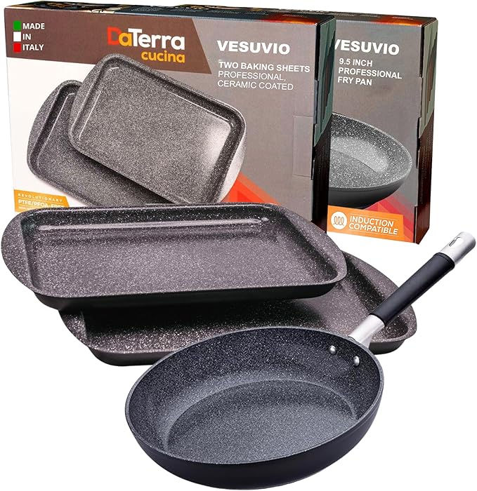 DaTerra Cucina 9.5" Non-stick Ceramic Fry Pan & Twin Baking Sheets Set – Oven Proof, Ideal for Frying, Sautéing, Roasting, and Baking, Made in Italy, Volcanic Black Speckled Design Kitchenware