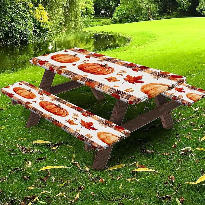 CAPSCEOLL Fitted Picnic Table Cover with Bench Covers with Elastic 6Ft Waterproof Camping Picnic Table Cover Cloths for Outdoors Camping Tablecloth with Drawstring Bag, 72X30in, Pumpkins Leaf