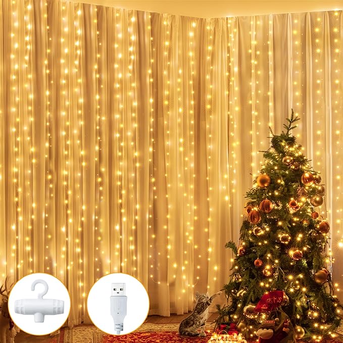 Ollny Silver Copper Wire Fairy Lights Curtain 200 LED 6.6x6.6ft, USB Warm White Curtain Lights with Hook, Waterproof Window Light for Bedroom Backdrop Wall Outdoor Indoor Decorations