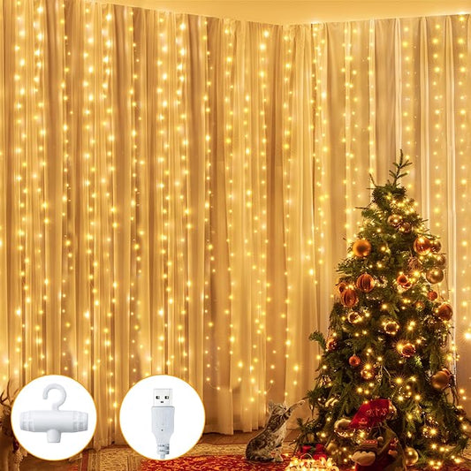 Ollny Silver Copper Wire Fairy Lights Curtain 200 LED 6.6x6.6ft, USB Warm White Curtain Lights with Hook, Waterproof Window Light for Bedroom Backdrop Wall Outdoor Indoor Decorations