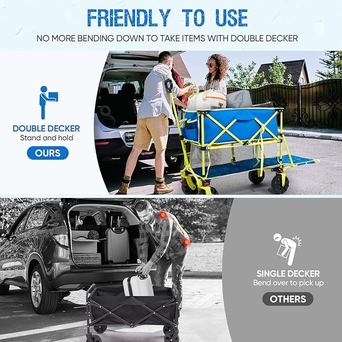 400L Collapsible Double Decker Beach Wagon with Brakes, Folding Beach Cart with 54" Extra Long Decker, 450LBS Heavy Duty Wagon Chart with All-Terrain Big Wheels for Sand Camping Garden