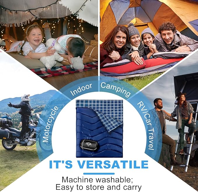 Double Sleeping Bag for Adults Kids, XL Queen Size 2 Person All Season for Warm & Cold Weather, Lightweight Compact with Compression Sack Camping Essentials for Backpacking Hiking